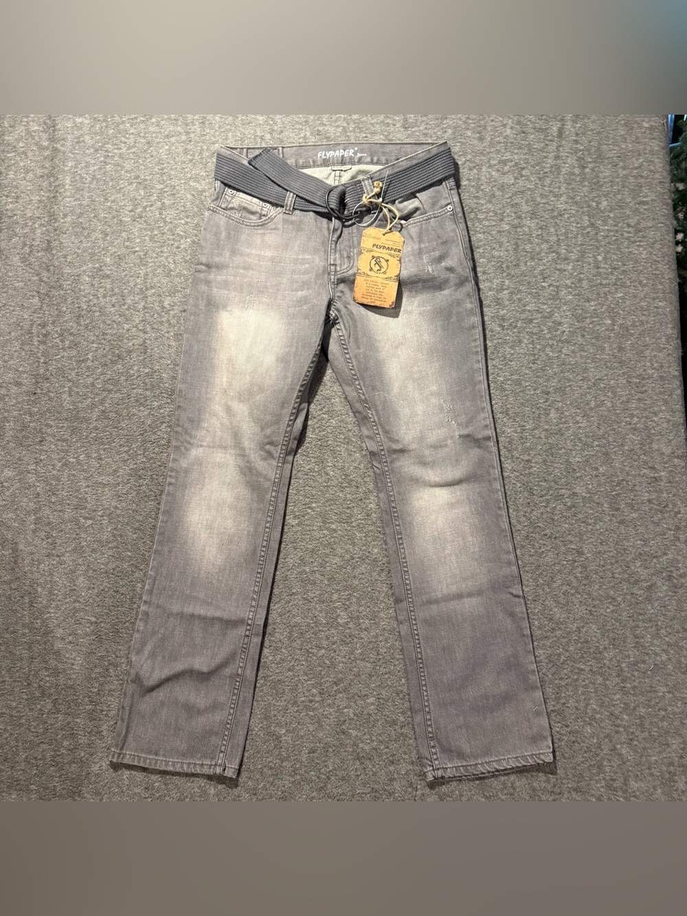 Flypaper Gray Jeans Mens 31x32 Straight Belted 100% Cotton Faded Distressed y2k